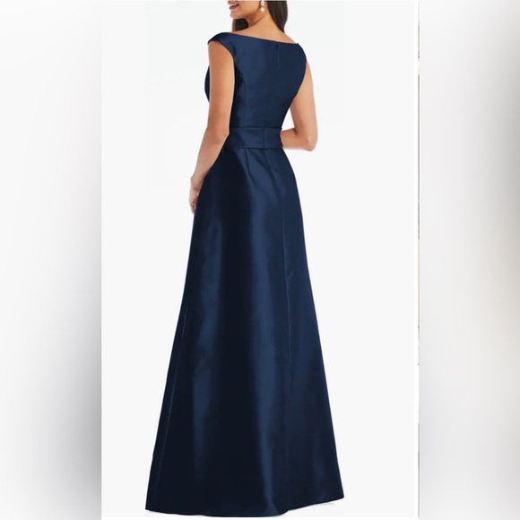 Alfred Sung Off-The-Shoulder Draped Wrap Satin Maxi Dress in Midnight Navy - Picture 3 of 5